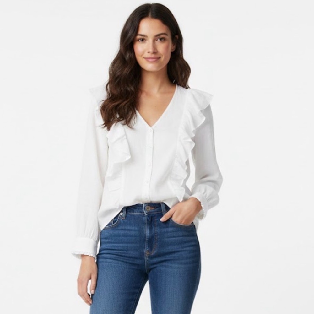 Maeve Anthropologie Ruffle V-Neck Linen Blouse Button Front White Size 10 Petite